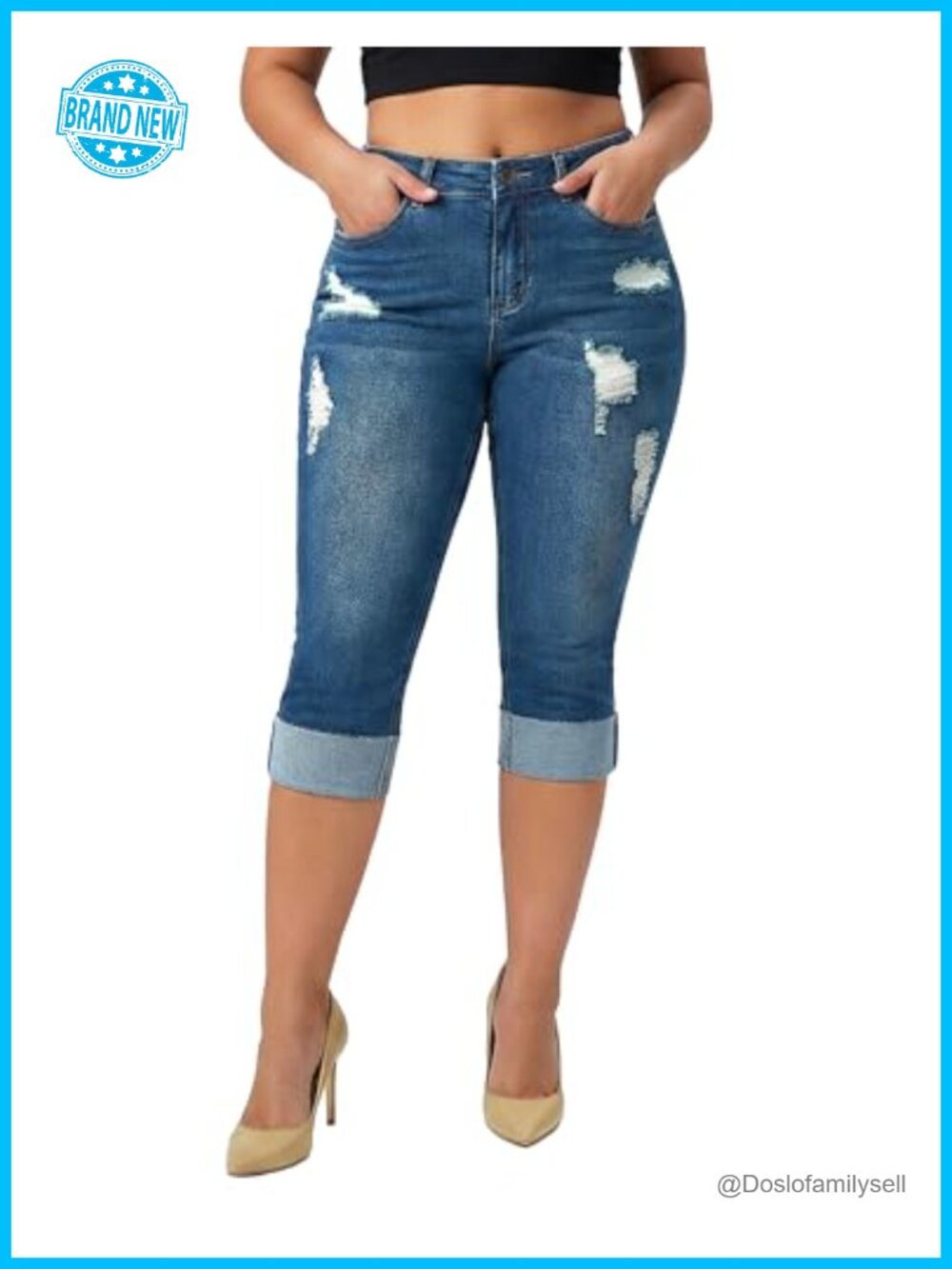 Stretch Capri Jeans Distressed Slim Denim Cuffed Pants